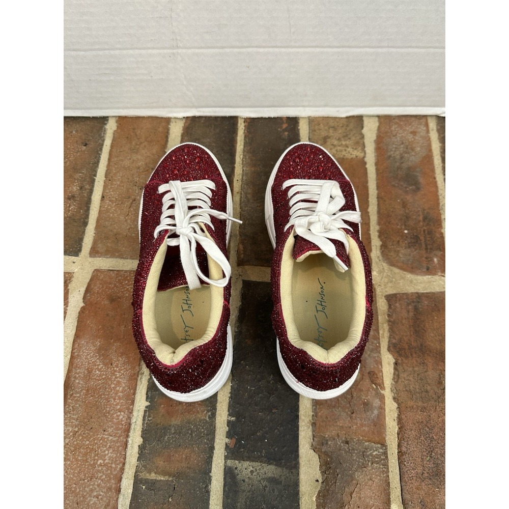 Betsey Johnson Platform Sneakers Red Rhinestone White Details Bling Women's 6 - Picture 7 of 8